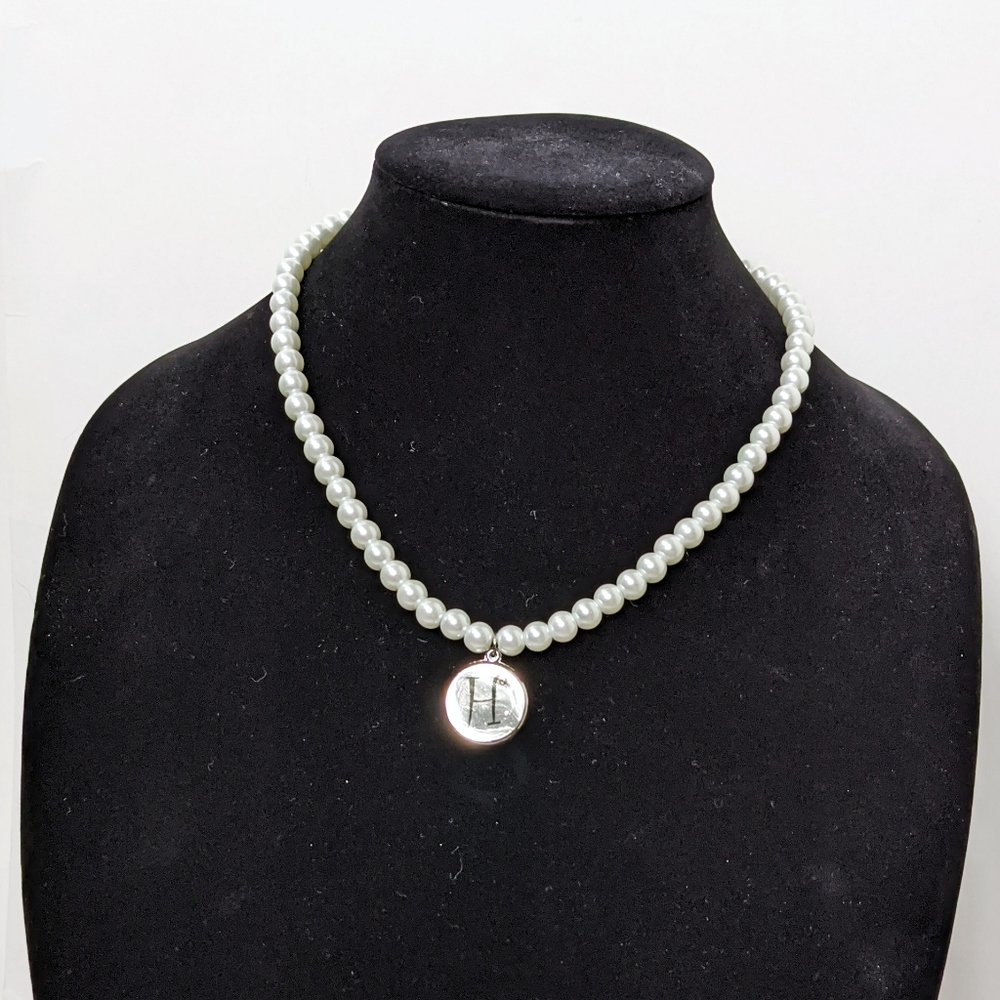 Pearl Necklace Faux Pearl Beads Initial H Pendant Silver White